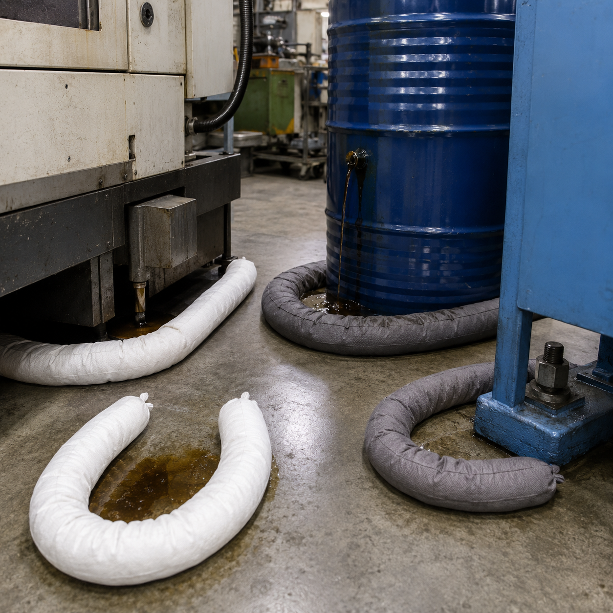 Absorbent socks for leaks around machines and drums