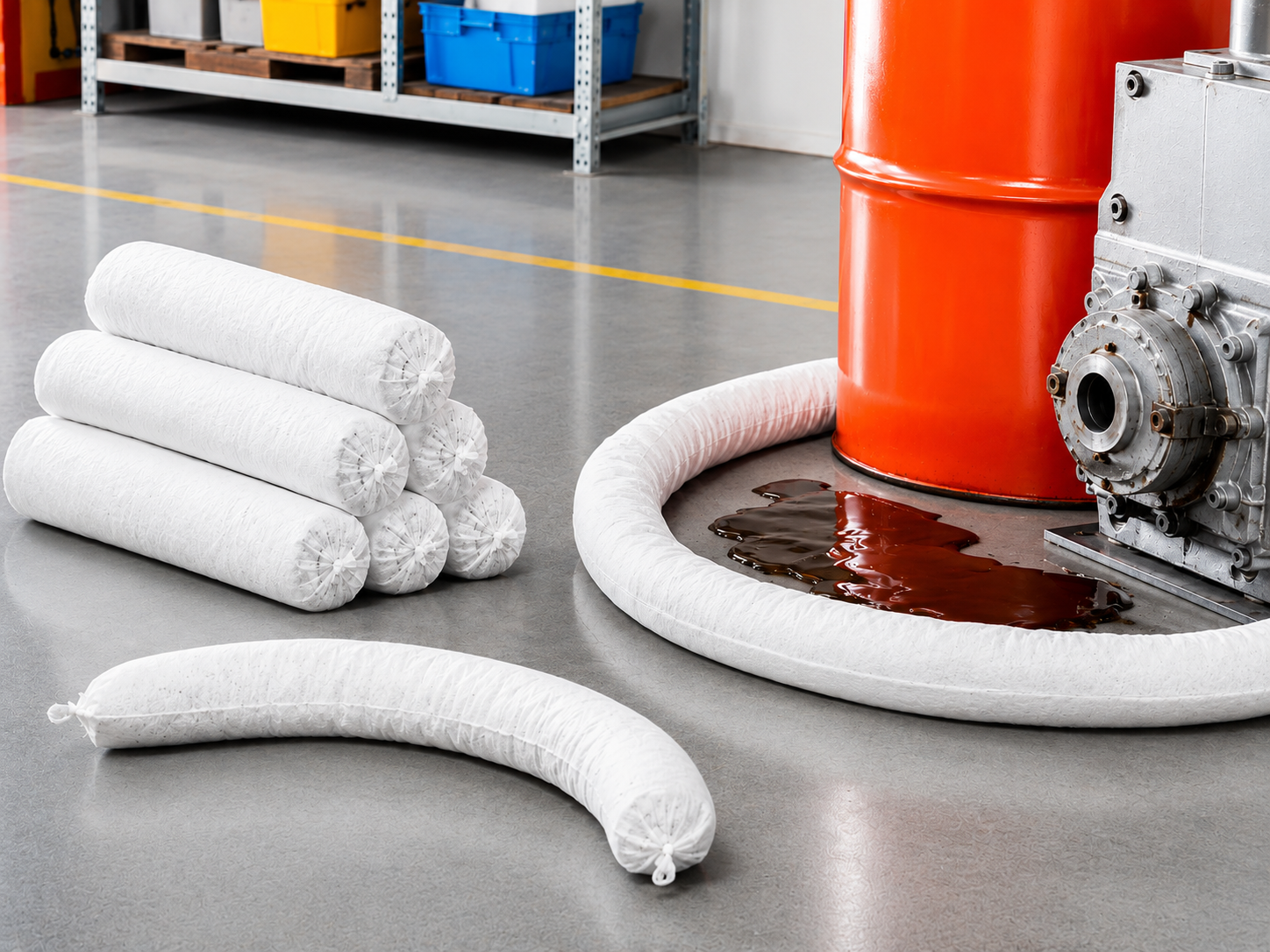 Absorbent socks for industrial oil and liquid spill containment