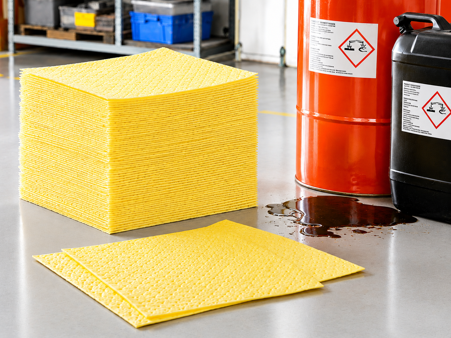 Chemical absorbent pads for industrial chemical spill control