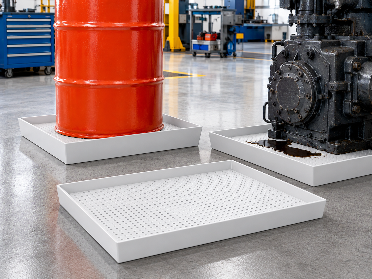 Drip trays for leak control under drums and equipment