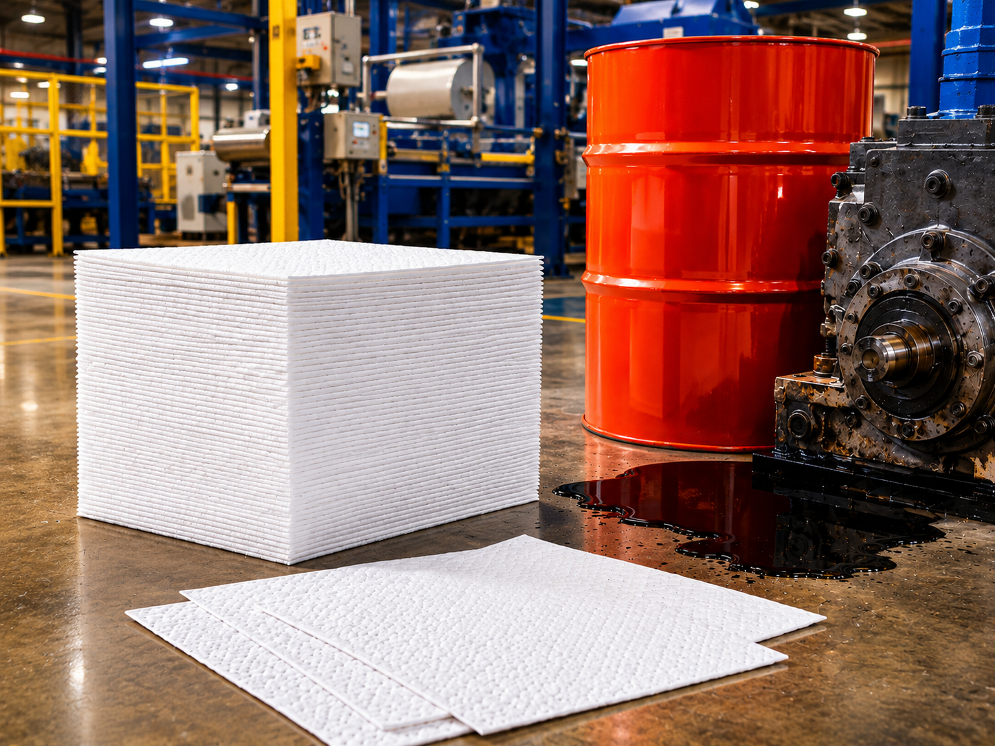 Oil absorbent pads for industrial oil spill cleanup