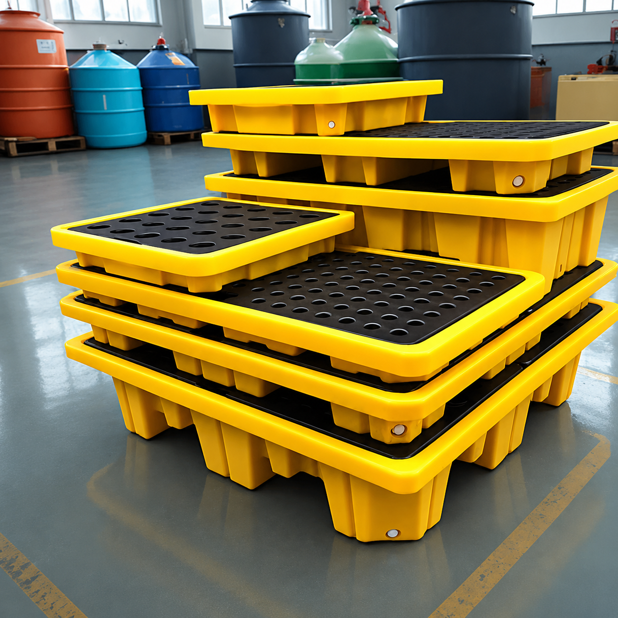 Spill containment products including pallets trays and berms