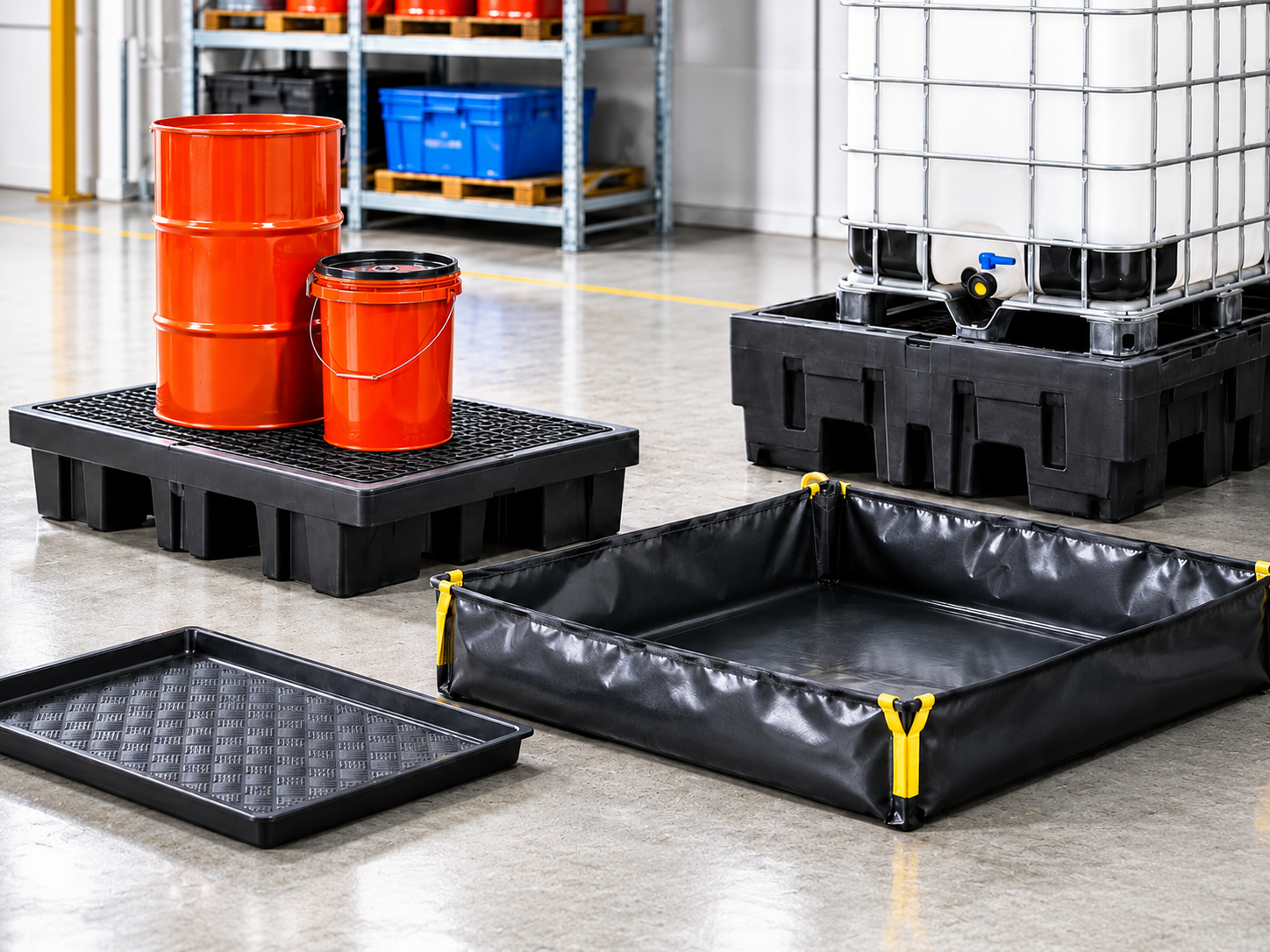 Spill containment products including spill pallets trays and containment berms