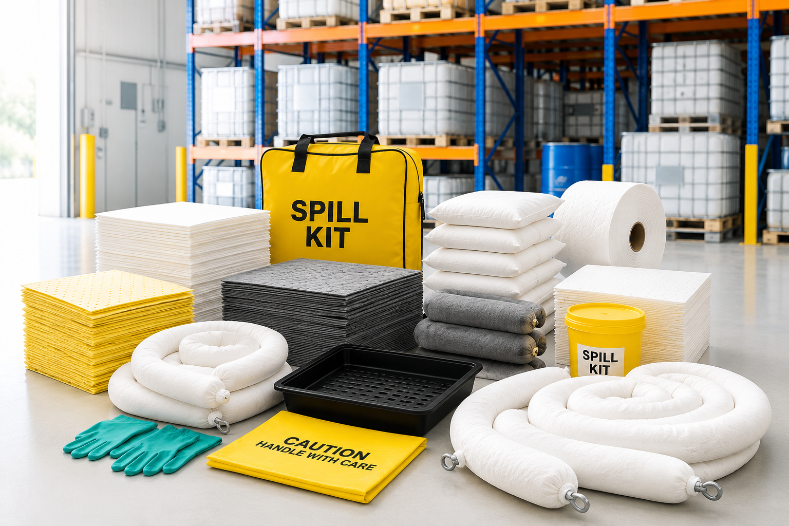 Industrial spill control absorbents including absorbent pads, socks, booms, drip trays and spill kits