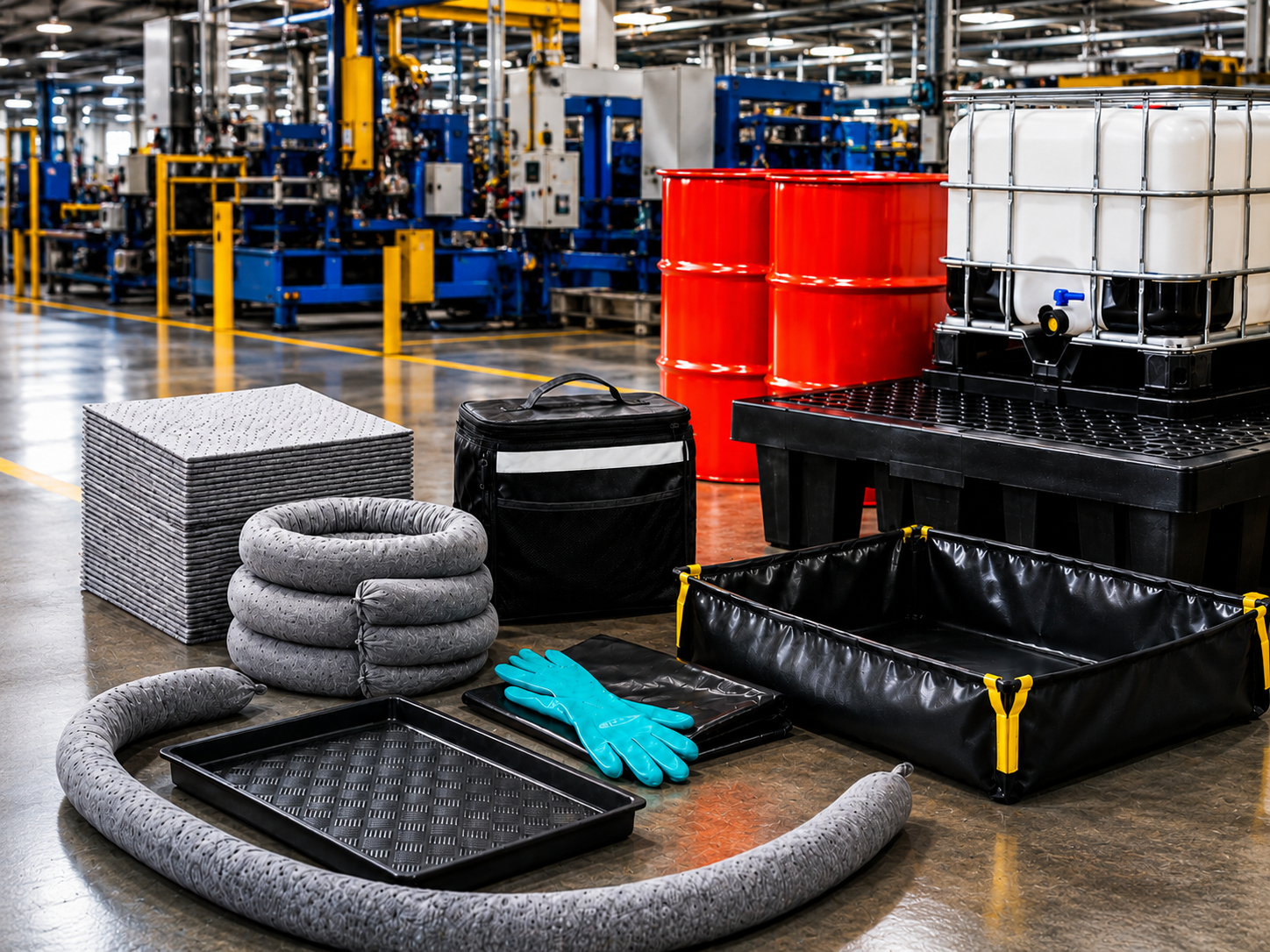 Industrial spill control products including absorbent pads socks spill kits drip trays and containment products