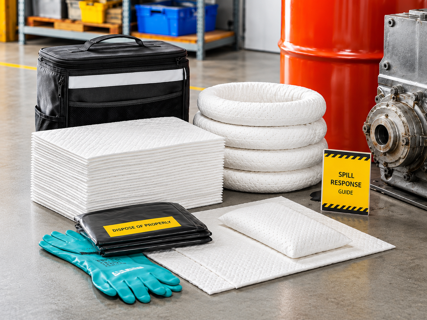 Industrial spill kits with absorbent pads socks gloves and disposal bags