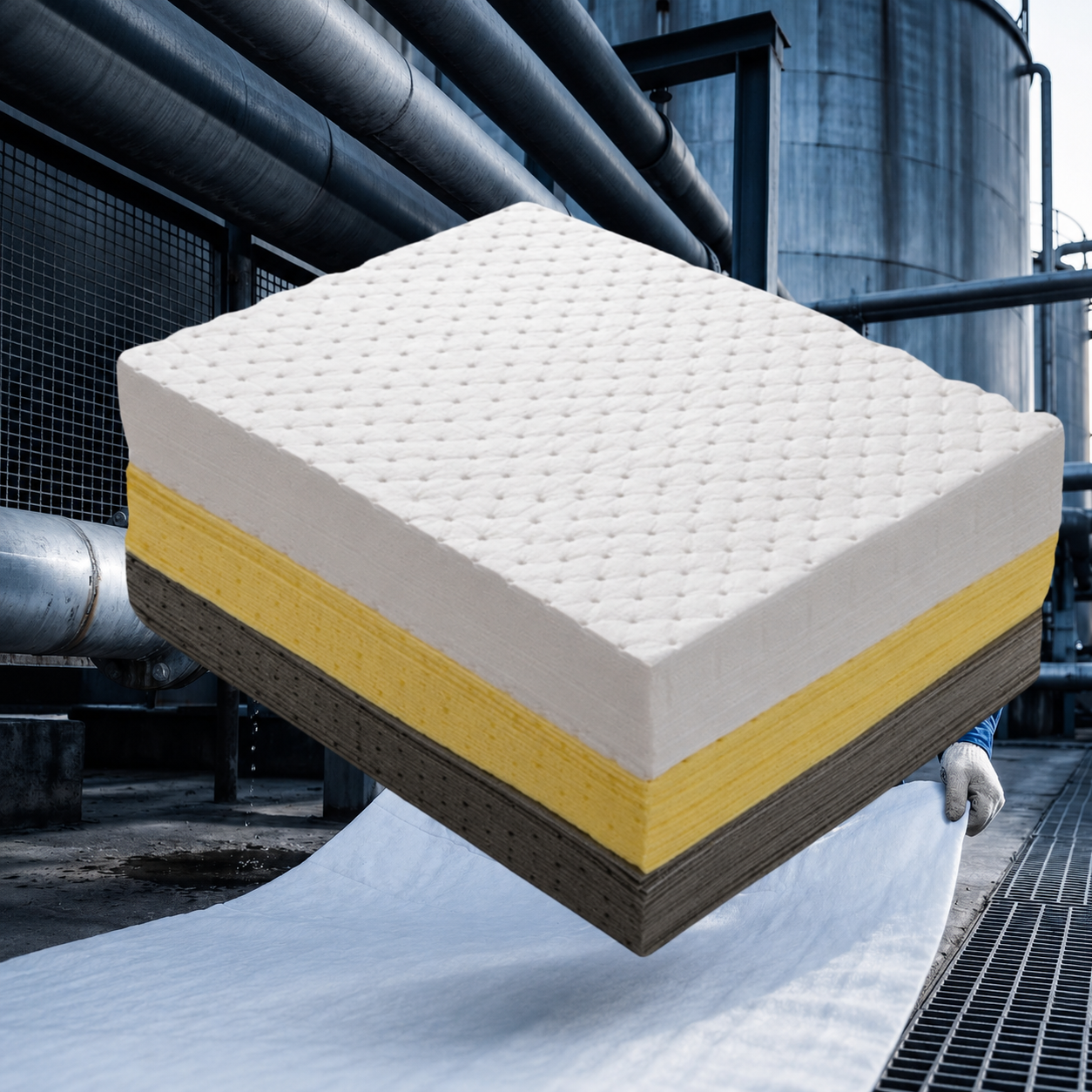 Universal absorbent pads for industrial liquid spills